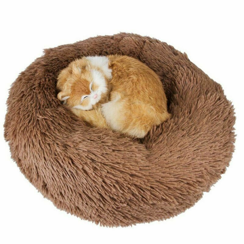 Warm Plush round Donut Pet Dog Cat Bed Fur Cuddler Soft Puppy Calming Bed Kennel