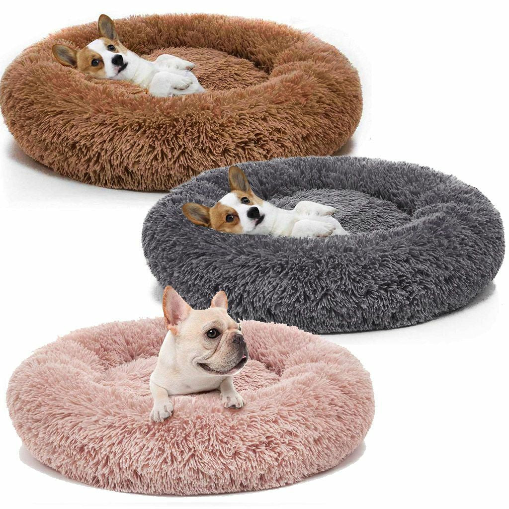 Warm Plush round Donut Pet Dog Cat Bed Fur Cuddler Soft Puppy Calming Bed Kennel