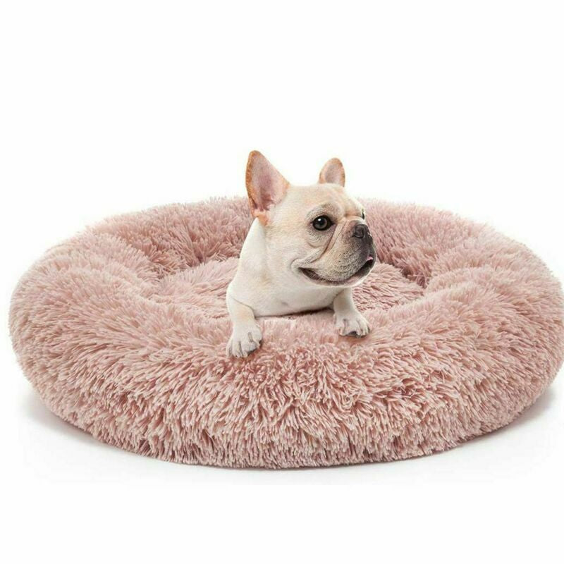Warm Plush round Donut Pet Dog Cat Bed Fur Cuddler Soft Puppy Calming Bed Kennel