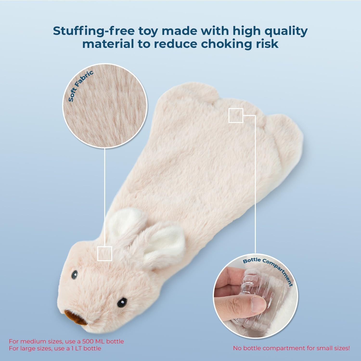 2-In-1 Stuffless Squeaky Dog Toy - Hare, Medium | No-Stuffing, 2 Built-In Squeakers, No Mess, Soft, Holds a Plastic Bottle for Added Play, Perfect for Moderate Chewers