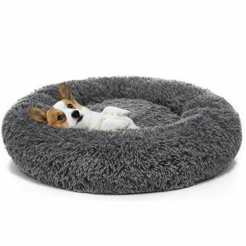 Warm Plush round Donut Pet Dog Cat Bed Fur Cuddler Soft Puppy Calming Bed Kennel