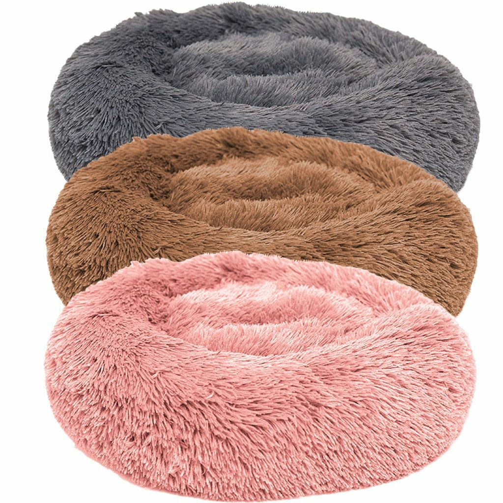 Warm Plush round Donut Pet Dog Cat Bed Fur Cuddler Soft Puppy Calming Bed Kennel